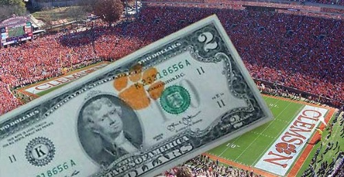 Clemson University two dollar bill with orange tiger paw stamp