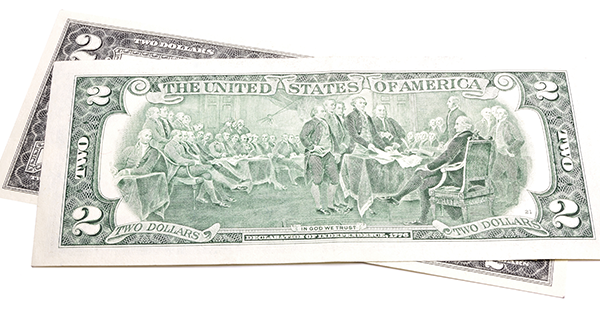 Photo of a two dollar bill back presentation of the declaration of independence