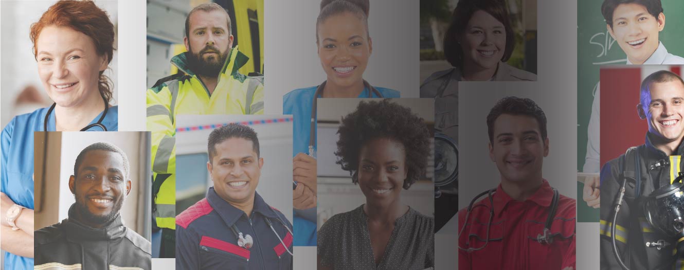A collage of front line workers smiling 