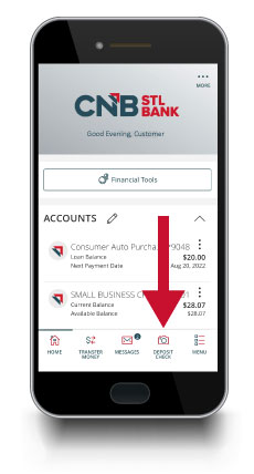 Image of a mobile phone with digital banking on the screen and an arrow pointing to the deposit checks icon