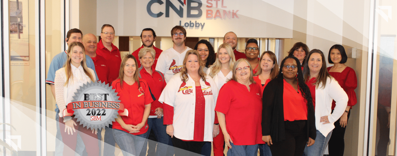 CNB St. Louis Bank Staff at Maplewood Branch celebrating being awarded 2022 Best Bank in St. Louis