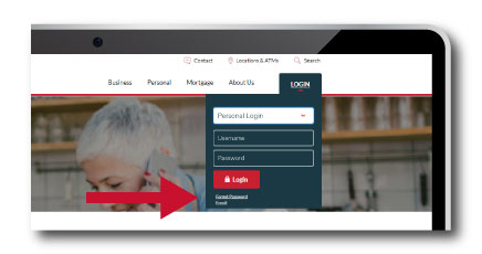 image of a computer screen showing digital banking login with an arrow pointing out the forgot password link