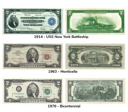 Front and back of two dollar bill - 1914 battleship, 1963 monticello, and 1976 bicentennial