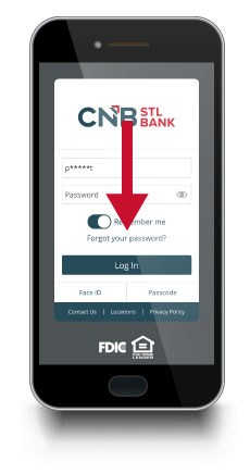 Image of a mobile phone on the login screen for digital banking with an arrow pointing out the forgot password link